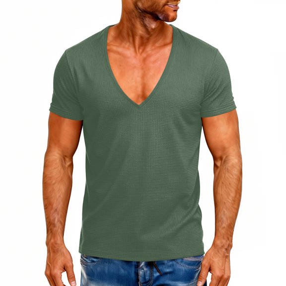 CONZONE T-Shirts For Men Summer Short Sleeve V Neck Solid Color Breathable Tee Army Green Size L