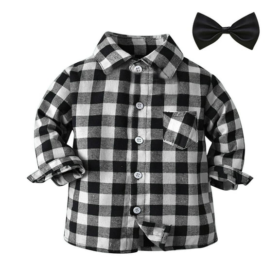 CONZONE Toddler Baby Boys Button Down Shirts Plaid Long Sleeve Tee Shirt for Boys Lapel Lightweight Loose Fit Wedding Party Clothes