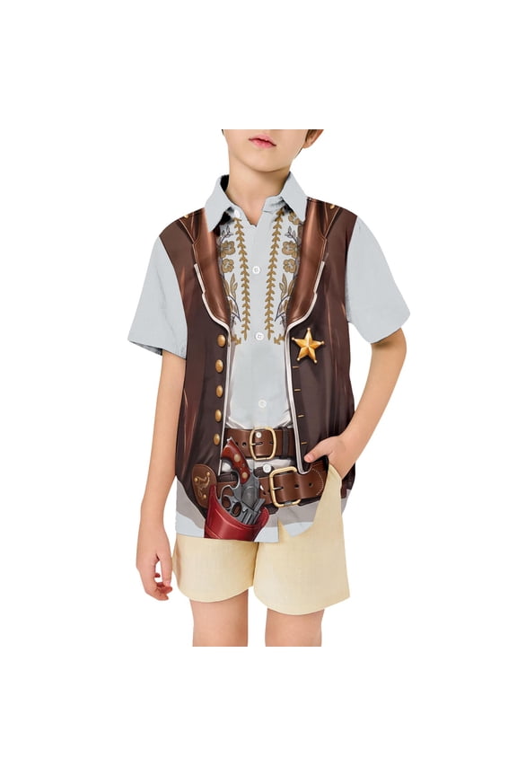 Toddler Baby Boys Button Down Shirts Casual Western Cowboy Graphic Short Sleeve Tee Shirt for Boys Lapel Lightweight Loose Fit Kids Summer Beach Tops