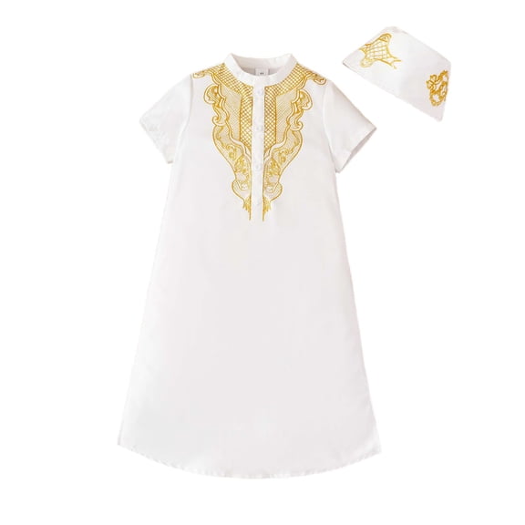 CONZONE Toddler Baby Boys Muslim Thobe Casual Embroidery Short Sleeve Robe for Infant Boys Crew Neck Lightweight Loose Fit Kids Spring Summer Tops