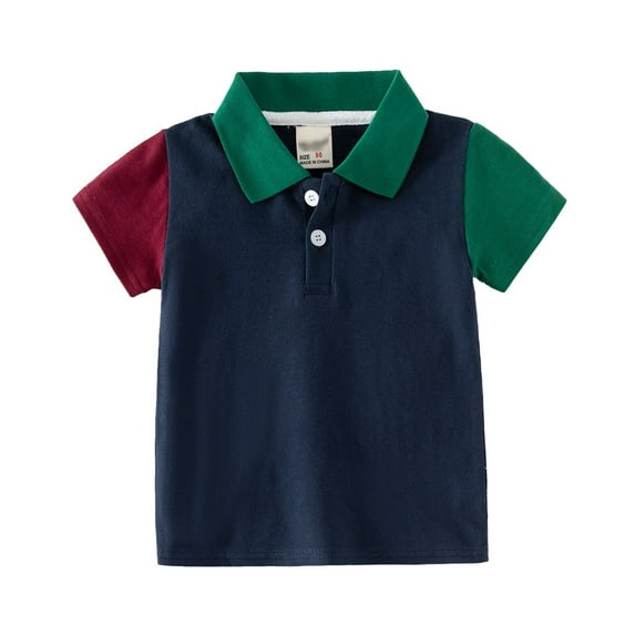 CONZONE Toddler Baby Boys School Uniform Polo Shirts Patchwork Color Short Sleeve Buttons T-Shirt for Boys Lapel Lightweight Loose Fit Kids Spring Summer Tops
