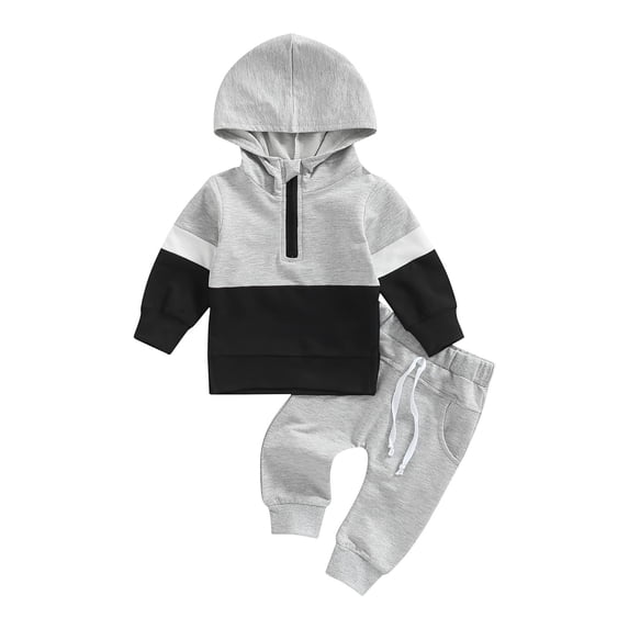 CONZONE Toddler Boys Outfits 2 Piece Patchwork Long Sleeve Zip Up Hoodies Jogger Pants Set Soft Fall Winter Clothes for Kids
