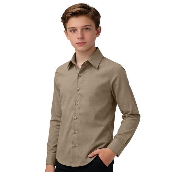 CONZONE Toddler Boys Tops Long Sleeve Solid Color Lapel Button Down Classic Fit Fashionable Tee Khaki Size 7-8 Years