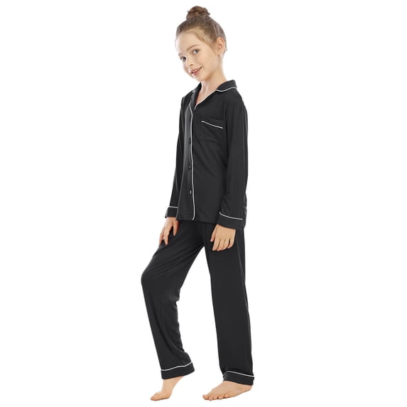 CONZONE Toddler Girls Pajama Set Long Sleeve Button Down Shirt and Pants Solid Color Soft Sleepwear 2 Piece Pjs Set Size 4-5 Years
