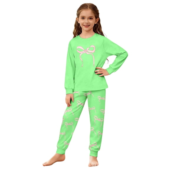 CONZONE Toddler Girls Pajama Set Long Sleeve Crew Neck Tops and Pants Bow Graphic Soft Sleepwear 2 Piece Pjs Set Size 4-5 Years
