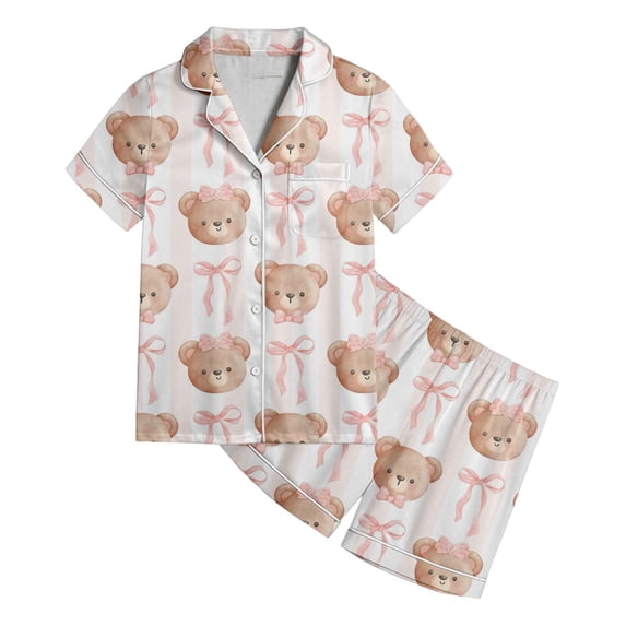 CONZONE Toddler Girls Pajama Set Short Sleeve Button Down Shirt and Shorts Bow Bear Print Soft Sleepwear 2 Piece Pjs Set Size 2-3 Years