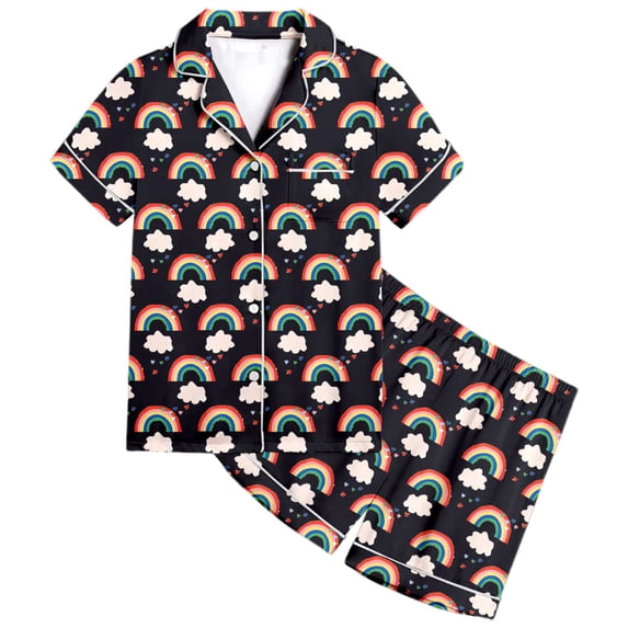 CONZONE Toddler Girls Pajama Set Short Sleeve Button Down Shirt and Shorts Cartoon Rainbow Print Soft Sleepwear 2 Piece Pjs Set Size 2-3 Years