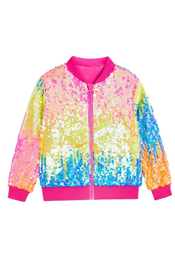 Toddler Girls Sequin Jackets Fashion Carnival Baseball Jacket for Girl Christmas Colorful Zip Up Performance Outerwear With Pocket