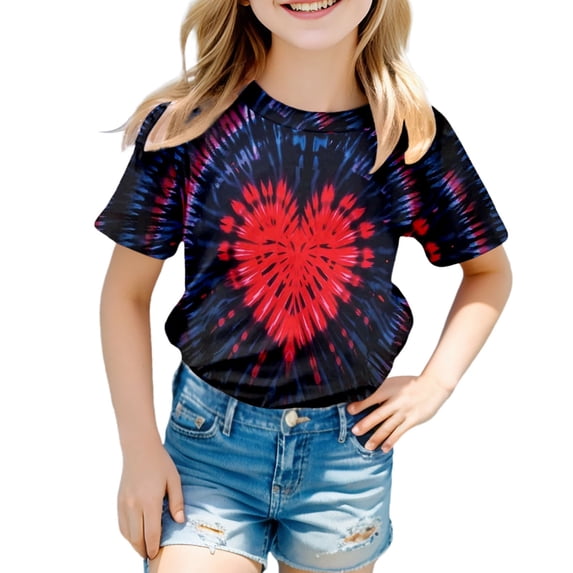 CONZONE Toddler Girls Short Sleeve Tshirts Tie Dye Graphic Tee Shirt for Girls Crew Neck Soft Loose Childrens Spring Tops