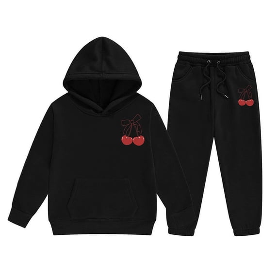 CONZONE Toddler Girls Sweatsuits Fall Winter 2 Piece Set Long Sleeve Cherry Graphic Hoodies and Sweatpants Soft Girls Outfits Size 2-3 Years
