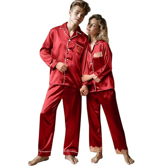 CONZONE Valentines Matching Pajamas For Couples 2 Peice Couple Matching Pjs Set Solid Color Long Sleeve Silk Sleepwear Tops Pants Warm Cozy Sleepwear Loungewear Sets (Women)