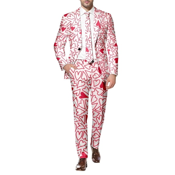 CONZONE Valentines Mens 2 Peice Suit Set Casual Dress Suit for Men Valentine'S Day Love Heart Graphic Long Sleeve Blazer Pants Elegant Slim Fit Party Wedding Business Set