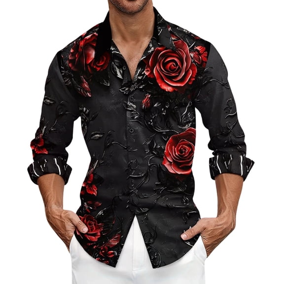 CONZONE Valentines Mens Buttons Down Shirts Long Sleeve Shirts For Men Trendy Valentine's Day Rose Graphic Lapel Soft Lightweight Tops
