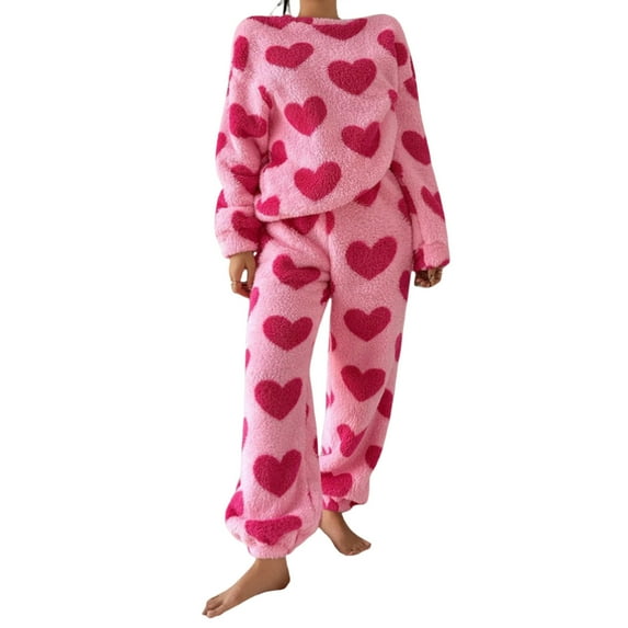 CONZONE Valentines Pajamas for Women Set 2 Peice Pjs Set for Women Love Heart Graphic Thick Long Sleeve Sleepwear Tops Pants Warm Cozy Sleepwear Loungewear Sets