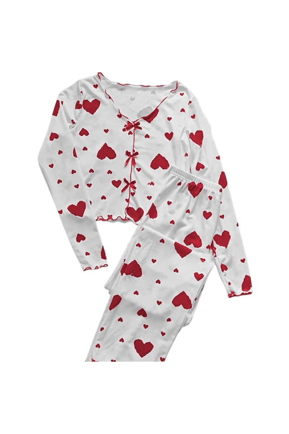 Valentines Pajamas for Women Set 2 Peice Pjs Set for Women Valentine'S Day Love Heart Print Long Sleeve Sleepwear Tops Pants Warm Cozy Sleepwear Loungewear Sets