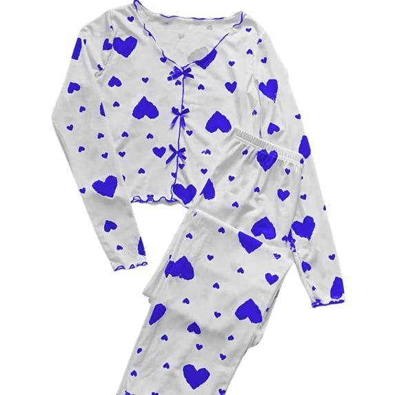 CONZONE Valentines Pajamas for Women Set 2 Peice Pjs Set for Women Valentine'S Day Love Heart Print Long Sleeve Sleepwear Tops Pants Warm Cozy Sleepwear Loungewear Sets