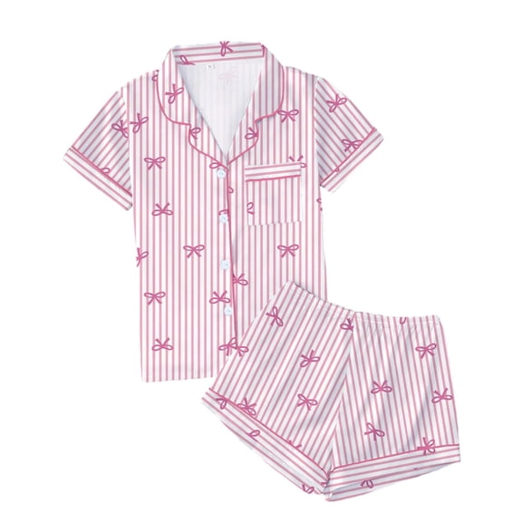 CONZONE Valentines Pajamas for Women Set 2 Peice Pjs Set for Women Valentine's Day Bowknot Print Short Sleeve Sleepwear Tops Shorts Cozy Homewear Loungewear Sets