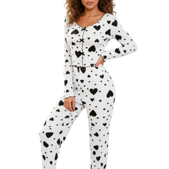 CONZONE Valentines Pajamas for Women Set 2 Peice Pjs Set for Women Valentine's Day Love Heart Print Long Sleeve Sleepwear Tops Pants Cozy Homewear Loungewear Sets