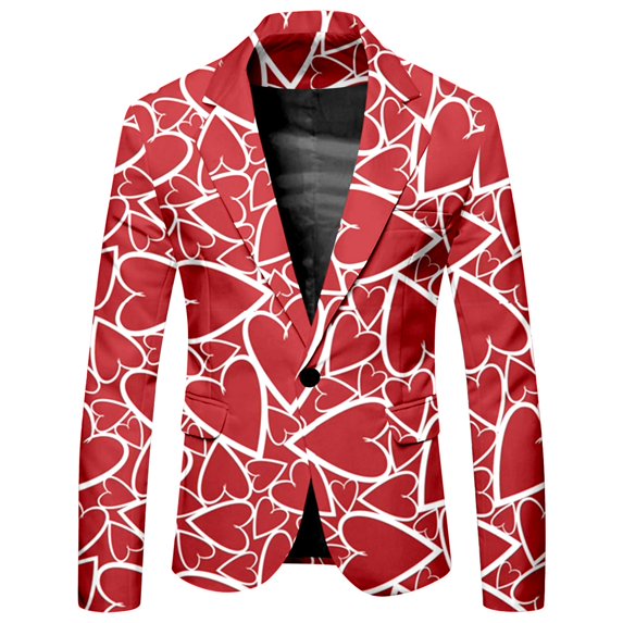 CONZONE Valentines Suit Jacket for Men Casual Men's Blazer Valentine's Day Love Heart Graphic One Button Elegant Slim Fit Dress Jacket for Performance,Prom,Wedding