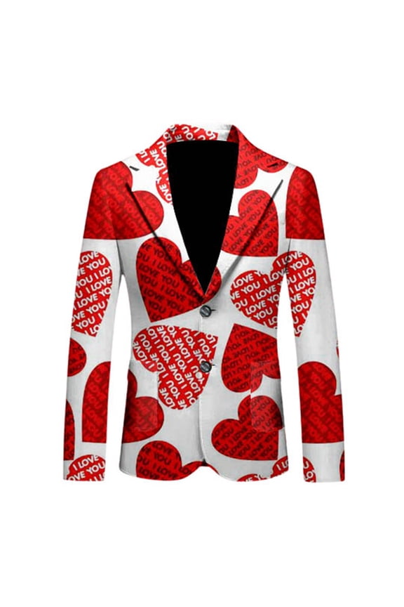 Valentines Suit Jacket for Men Casual Men's Blazer Valentine's Day Love Heart Graphic One Button Elegant Slim Fit Dress Jacket for Performance,Prom,Wedding