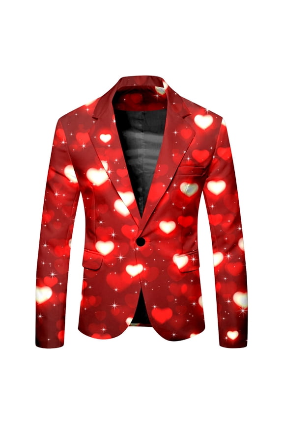 Valentines Suit Jacket for Men Casual Men's Blazer Valentine's Day Love Heart Graphic One Button Elegant Slim Fit Dress Jacket for Performance,Prom,Wedding