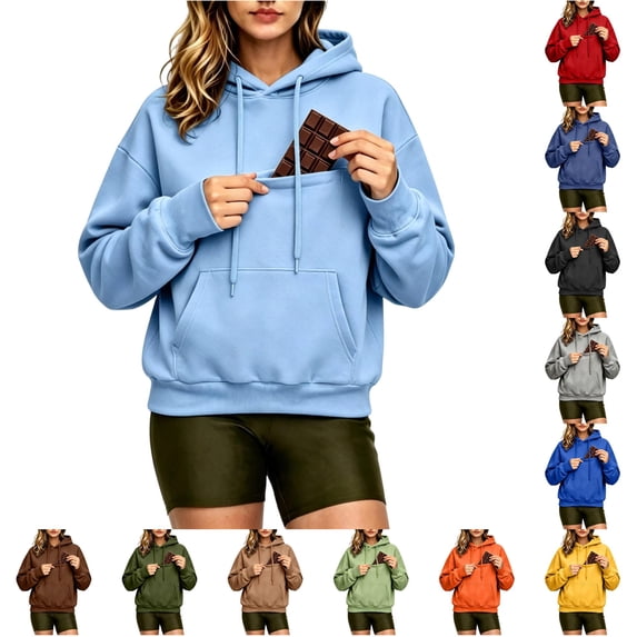 CONZONE Women Hoodies Long Sleeve Drawstring Hooded Sweatshirts For Women Solid Color Cozy Fall Winter Pullover Womens Hoodies With Pocket