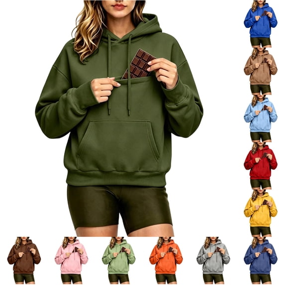 CONZONE Women Hoodies Long Sleeve Drawstring Hooded Sweatshirts For Women Solid Color Cozy Fall Winter Pullover Womens Hoodies With Pocket