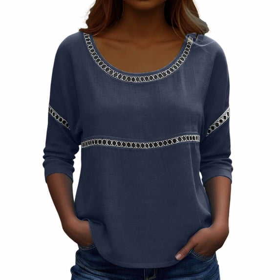 CONZONE Women's Cotton Linen Tshirts 3/4 Sleeve T Shirts for Women Casual Crew Neck Solid Color Lightweight Tees Soft Cozy Tops