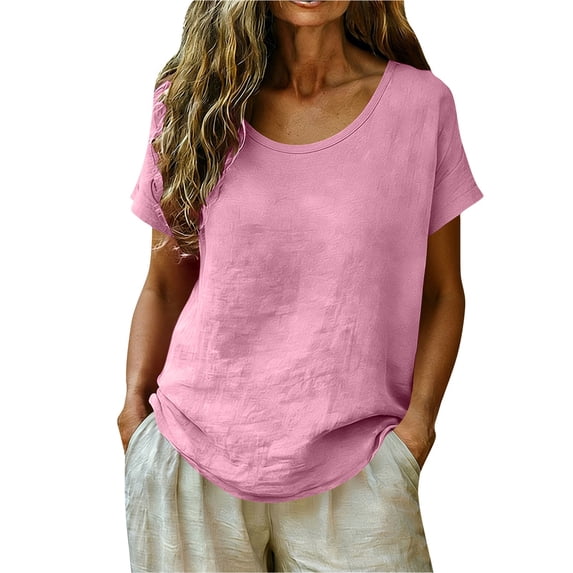 CONZONE Women's Cotton Linen Tshirts Short Sleeve T Shirts for Women Casual Crew Neck Solid Color Lightweight Tees Soft Cozy Tops