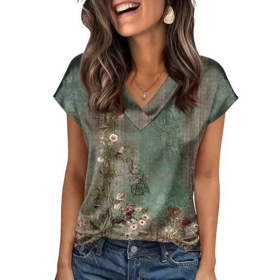 CONZONE Women's Summer T-Shirts Short Sleeve Satin T Shirts for Women Casual V Neck Floral Graphic Lightweight Tees Soft Cozy Dailywear