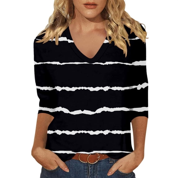 CONZONE Women's T-Shirts 3/4 Sleeve T Shirts for Women Casual V Neck Graphic Lightweight Tees Soft Cozy Athletic Tops