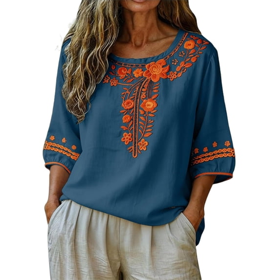 CONZONE Women's Tshirts 3/4 Sleeve T Shirts for Women Casual Crew Neck Embroidery Lightweight Tees Soft Cozy Tops