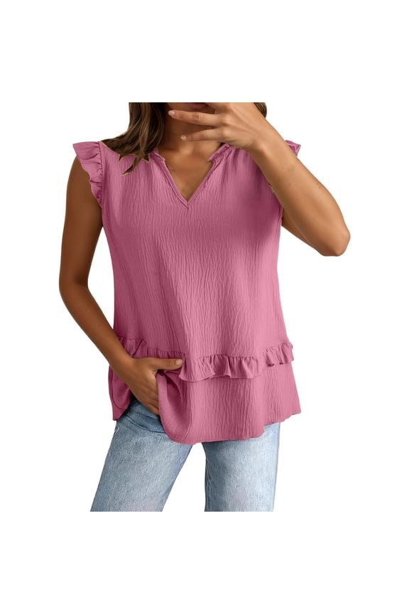 Women's Tshirts Flutter Sleeve T Shirts for Women Casual V Neck Solid Color Lightweight Tees Soft Cozy Tops