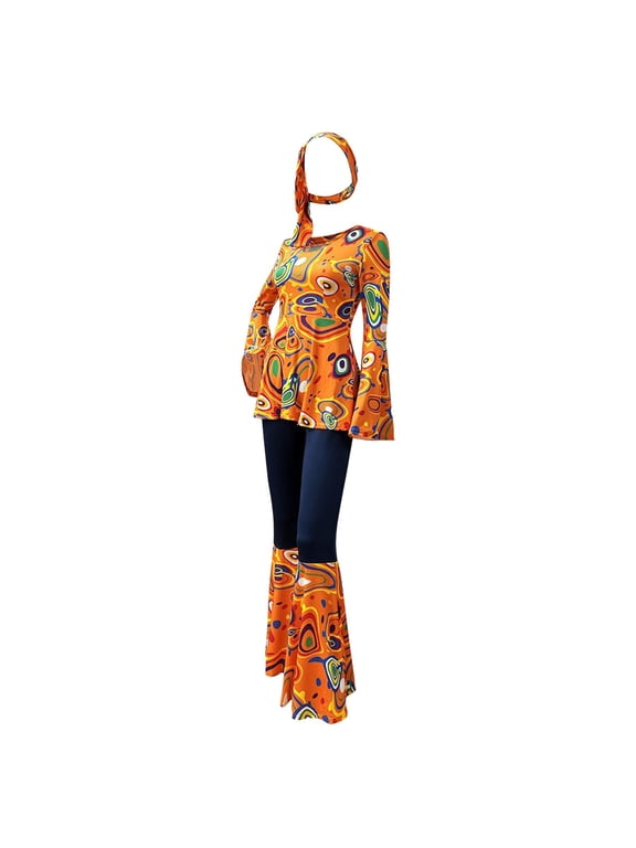 Womens 70S Disco Dress Up Fashion Graphic Tops Flared Pants Hippie Clothes Set Funny Stage Party Performance Outfits