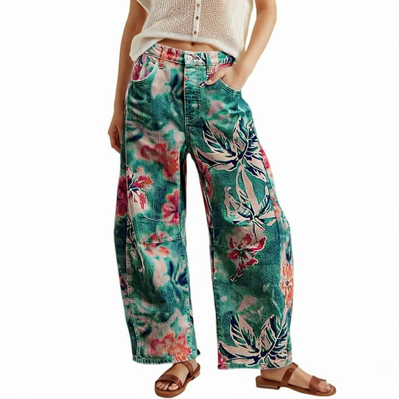 CONZONE Womens Baggy Jeans Floral Graphic Y2K Cropped Jeans for Women Trendy Buttons Wide Leg Fall Winter Denim Pants With Pocket