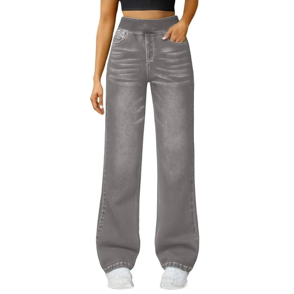 CONZONE Womens Baggy Jeans Striped Jeans for Women Trendy Elastic Waist Wide Leg Fall Winter Denim Pants With Pocket