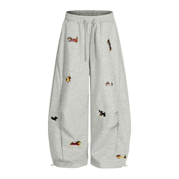 CONZONE Womens Baggy Sweatpants Cartoon Embroidery Pants for Women Trendy Elastic Waist Drawstring Wide Leg Fall Winter Athletic Trousers With Pocket