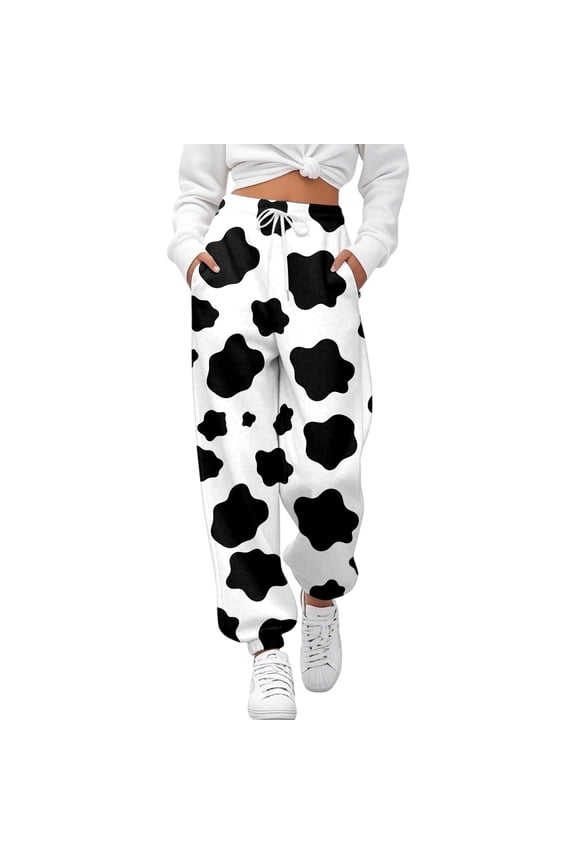 Womens Baggy Sweatpants Cow Graphic Print Pants for Women Trendy Elastic Waist Drawstring Wide Leg Fall Winter Athletic Trousers