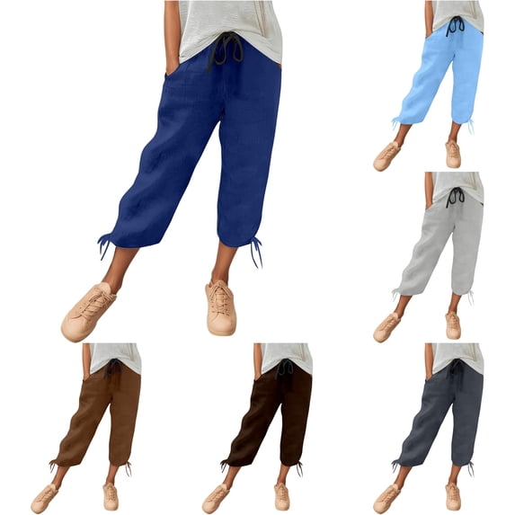 CONZONE Womens Capri Pants Straight Leg Elastic Waist Drawstring Casual Pants With Pockets Summer Relaxed Fit Trousers For Women