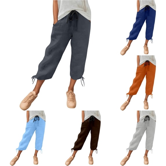 CONZONE Womens Capri Pants Straight Leg Elastic Waist Drawstring Casual Pants With Pockets Summer Relaxed Fit Trousers For Women