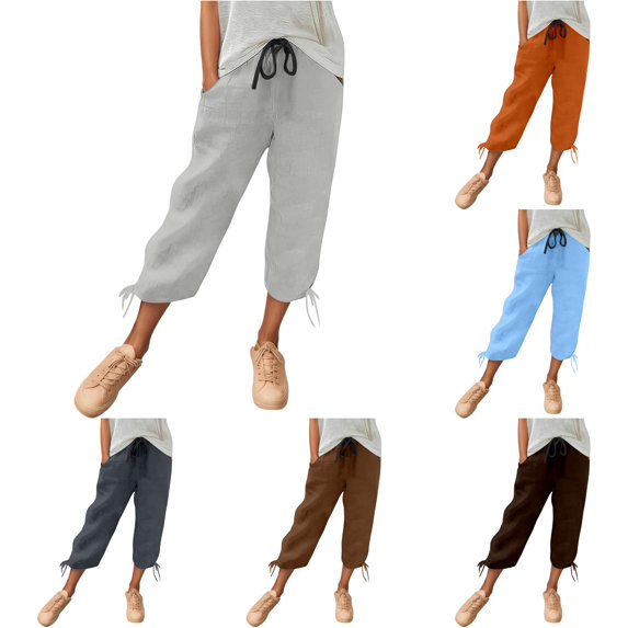 CONZONE Womens Capri Pants Straight Leg Elastic Waist Drawstring Casual Pants With Pockets Summer Relaxed Fit Trousers For Women