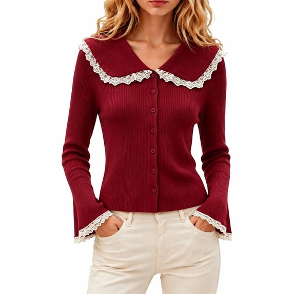 CONZONE Womens Cardigan Lace Collared Button Down Cardigan Sweaters for Women Long Sleeve Soft Fall Outwear Coat