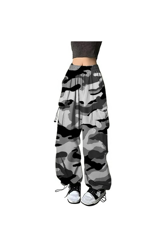Womens Cargo Pants Camouflage Baggy Sports Pants for Women Elastic Waist Drawstring Wide Leg Fall Winter Workout Athletic Trousers