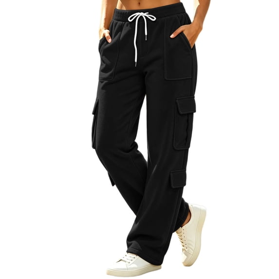 CONZONE Womens Cargo Pants Straight Leg Baggy Pants for Women Drawstring Fall Winter Trousers with Pockets