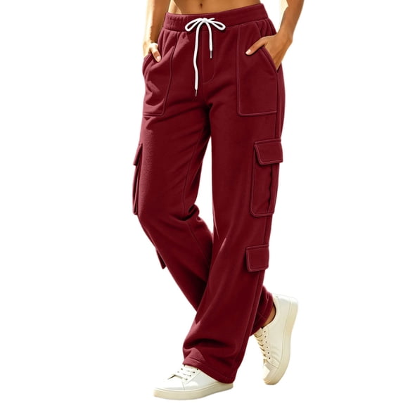 CONZONE Womens Cargo Pants Straight Leg Baggy Pants for Women Drawstring Fall Winter Trousers with Pockets