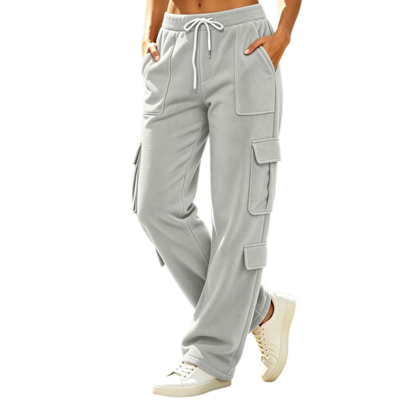 CONZONE Womens Cargo Pants Straight Leg Baggy Pants for Women Drawstring Fall Winter Trousers with Pockets