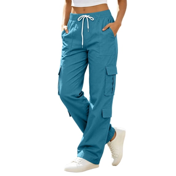 CONZONE Womens Cargo Pants Wide Leg Baggy Pants for Women Drawstring Fall Winter Trousers with Pockets