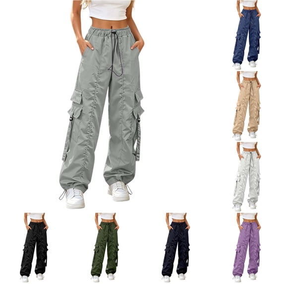 CONZONE Womens Cargo Pants Wide Leg Elastic Waist Drawstring Jogger Pants With Pockets Summer Fall Baggy Trousers For Women