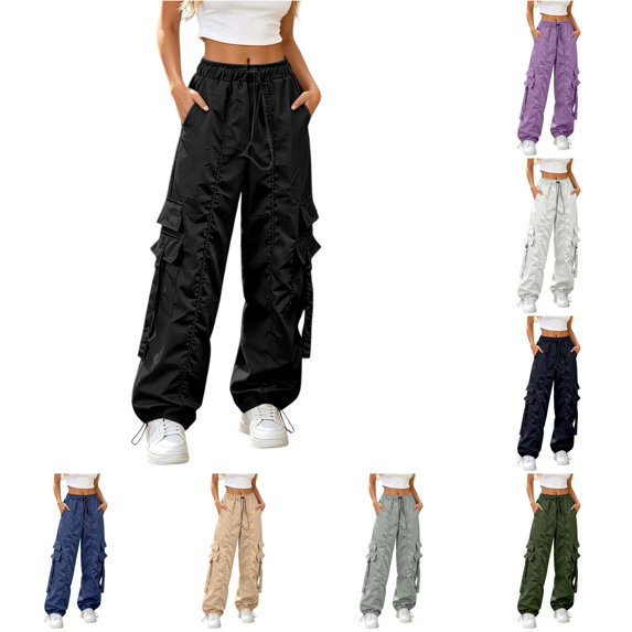 CONZONE Womens Cargo Pants Wide Leg Elastic Waist Drawstring Jogger Pants With Pockets Summer Fall Baggy Trousers For Women