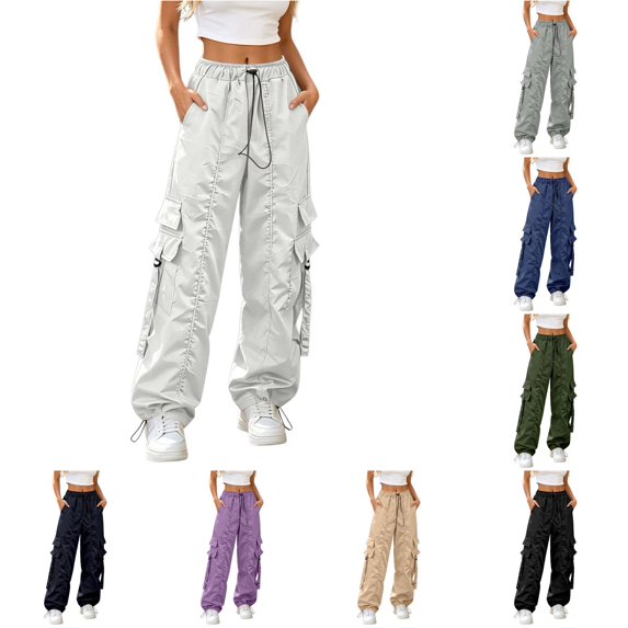 CONZONE Womens Cargo Pants Wide Leg Elastic Waist Drawstring Jogger Pants With Pockets Summer Fall Baggy Trousers For Women
